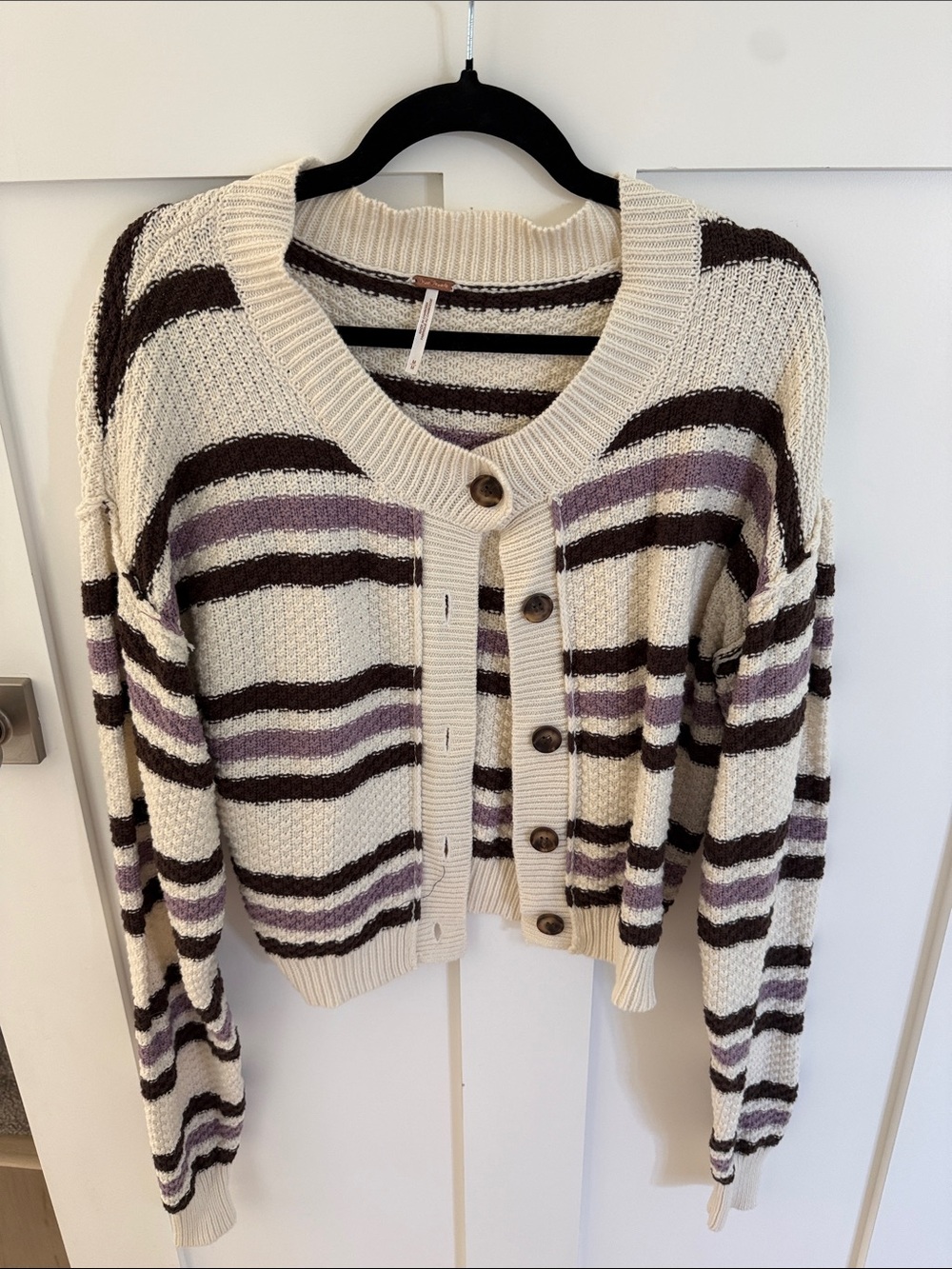 Free People Striped Button-Up Cardigan in Cream, Purple & Brown
